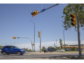 Vehicles drive past Arcola Avenue and Park Street on Wednesday, June 29, 2022 in Regina. A 2021 third-party study commissioned by the City of Regina found five major issues with traffic along the Arcola Avenue corridor, including a spike in collisions during peak hours at three intersections, one of them being Arcola Avenue and Park Street.