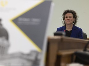 Provincial Auditor Tara Clemett speaks during a press conference inside the Saskatchewan Legislative Building on Tuesday.