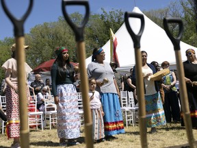 The Kotawe Project, with help from the Willow Warriors, sang the Strong Woman song during a groundbreaking ceremony for the YWCA Regina's new Centre For Women and Families onTuesday, June 28, 2022 in Regina.  The $60-million facility is planned for the area of Lucy Eley Park in Regina's Cathedral neighbourhood.