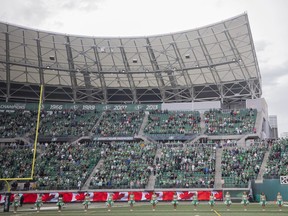 The crowd waits for the Saskatchewan Roughriders to enter the field before the game on Saturday, June 11, 2022 in Regina.
