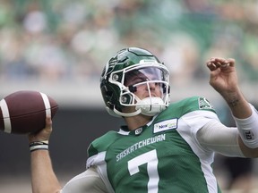 Roughriders quarterback Cody Fajardo throws a pass in a game against the Hamilton Tiger-Cats recently.