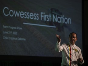 Cowessess Chief Cadmus Delorme speaks to a crowd during a presentation at Canada's Farm Show inside the Viterra International Trade Centre.