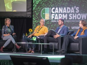 (second left to right) Ken Jackson, CEO VeriGrain, Bryan Prystupa, senior product owner, FCC AgExpert and Jesse Hirsh, future and digital strategist speak during a panel discussion at Canada's Farm Show.