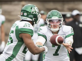 Saskatchewan Roughriders quarterback Cody Fajardo pitches out to tailback Jamal Morrow on Thursday against the host Montreal Alouettes. Morrow was tackled for a loss of three.