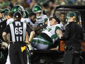 Saskatchewan Roughriders centre Dan Clark suffered an ankle injury late in Saturday's game against the Edmonton Elks at Commonwealth Stadium.