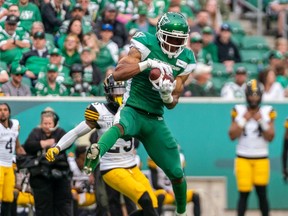 Saskatchewan Roughriders receiver Shaq Evans makes one of his four catches against the Hamilton Tiger-Cats on June 11. Evans had a game-high 92 yards as the Riders won 30-13 at Mosaic Stadium.