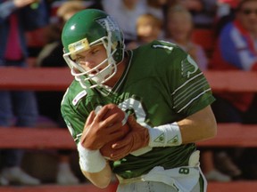 Saskatchewan Roughriders receiver Jeff Fairholm catches a touchdown pass during an Oct. 22, 1989 game against the Calgary Stampeders.