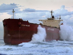 Waves crash against the coal freighter Pasha Bulker, 2007.