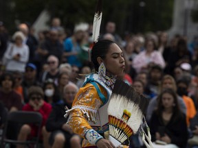 Constance Starblanket of the Starblanket Dancers performs during National Indigenous Peoples Day celebrations in Victoria Park and City Square Plaza on Tuesday, June 21, 2022 in Regina.