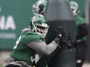 Saskatchewan Roughriders defensive lineman Charleston Hughes, shown during practice on Tuesday, is looking for a bounce-back season at age 38.