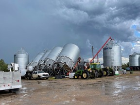 One of three tornados confirmed to have touched down in Saskatchewan the evening of June 29, 2022 ripped through Ross Lamb's farm just west of Foam Lake, where nine grain bins, a garage door, three augers, shingles and siding, power and gas lines, and the end wall of the shop were all damaged. Photo supplied by Ross Lamb.