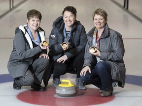 Left to right: Marcia Gudereit, Joan McCusker and Jan Betker are among the 2022 inductees into the World Curling Hall of Fame. Gudereit, McCusker and Betker are members of the legendary Sandra Schmirler team, which won three Canadian and world women's titles before earning gold medals at the 1998 Winter Olympic Games.