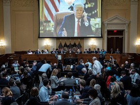 An image of former U.S. President Donald Trump is displayed during the third hearing of the House Select Committee to Investigate the January 6th Attack on the U.S. Capitol in the Cannon House Office Building, at Capitol Hill, in Washington, U.S., June 16, 2022. Drew Angerer/Pool via REUTERS