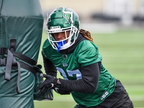 Saskatchewan Roughriders defensive end Keion Adams, shown during training camp, is to start on Saturday with Pete Robertson on the injured list.