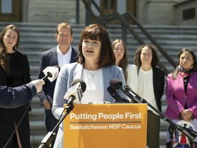 Carla Beck, leader of the Saskatchewan New Democrats, speaks during a press conference at the Legislative Building. MICHAEL BELL / Regina Leader-Post