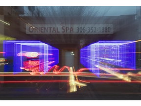 A slow shutter speed was used to capture the lights of the Oriental Spa on the 1800 block Broad Street in Regina.