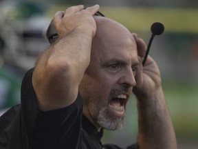 Saskatchewan Roughriders head coach Craig Dickenson, shown reacting to a play during a July 29 home game against the B.C. Lions, hopes that his team will be able to cut down on penalties.