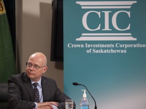 President and CEO of Crown Investments Corporation Kent Campbell speaks at a press conference after releasing its annual report.