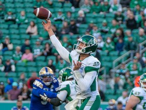Saskatchewan Roughriders quarterback Jake Dolegala, shown here in a 2022 pre-season game against the Winnipeg Blue Bombers, will be the starter on Sunday against the visiting Toronto Argonauts.