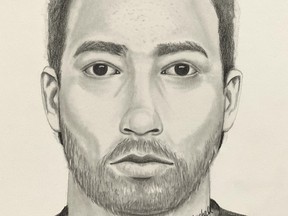 A composite sketch of a suspect in a sexual assault in Goven, Saskatchewan on June 9, 2022, released by Southey RCMP on July 22. The suspect is described as between 28 and 30 years old, between 5-foot-7 and 5-foot-10 tall, of medium build, with dark hair, brown eyes and dark, bushy eyebrows. He is also described as having yellowed teeth.