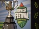 The Grey Cup trophy sits on a table during a Grey Cup Festival announcement at Mosaic Stadium on Thursday, July 7, 2022 in Regina. 