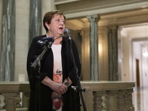 Finance Minister Donna Harpauer speaks to media in July.