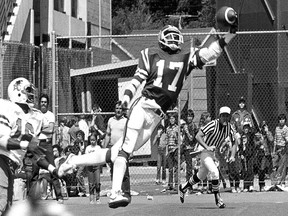 Saskatchewan Roughriders receiver Joey Walters makes a spectacular one-handed catch for an eight-yard touchdown against the B.C. Lions at Taylor Field on July 18, 1982.