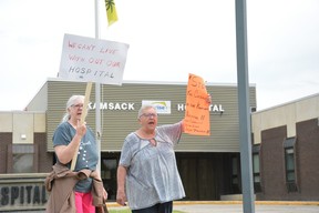 Burnout prompts Sask. lab and x-ray tech to leave full-time position 2 Lise Rochefort and former Kamsack mayor Betty Dix protest outside the Kamsack Hospital in July after it was announced services would be temporarily reduced and that there were no open beds.