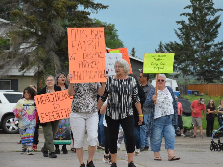  People from Kamsack and surrounding area protest outside the Kamsack Hospital in July after it was announced services would be temporarily reduced and that there were no open beds.