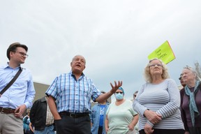 Canora-Pelly MLA Terry Dennis address protesters outside the Kamsack Hospital on Thursday after service reductions were announced.