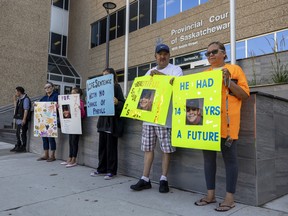 Family and supporters of Jake Longman are shown here, gathered in front of Regina Provincial Court on Tuesday, July 26, 2022 in Regina. Longman was a 14-year-old boy who was killed in what police are calling the 6th Regina homicide of 2022. A third teen accused of first-degree murder in relation to Longman's death appeared in court Wednesday.