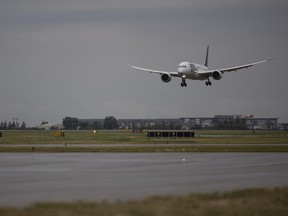 This file photo from July 4 shows a plane carrying approximately 230 Ukrainian refugees arriving in Regina on a humanitarian flight.