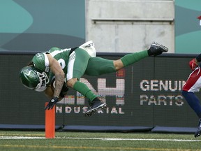 Kian Schaffer-Baker scores a touchdown for the Saskatchewan Roughriders during the third-quarter against Montreal on Saturday at Mosaic Stadium.