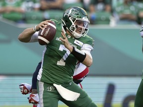Saskatchewan Roughriders quarterback Cody Fajardo (7) feels that his left knee is improving after injuring it during the second week of the season.