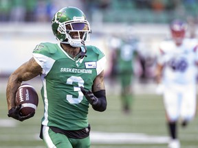 Roughriders cornerback Nick Marshall is shown during Saturday's 90-yard interception-return touchdown versus Montreal.