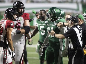 The Saskatchewan Roughriders have been at the centre of controversy since a July 8 home game against the Ottawa Redblacks. Players from the Roughriders and Redblacks are shown in an on-field dispute that followed a serious leg injury to Ottawa quarterback Jeremiah Masoli, who was hit by since-suspended defensive tackle Garrett Marino.