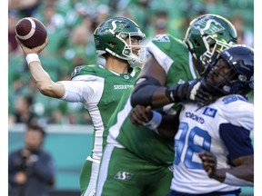 REGINA, SASK :  July 24, 2022 --   Saskatchewan Roughriders quarterback Jake Dolegala (9) throws a pass against the Toronto Argonauts in third quarter CFL action on Sunday, July 24, 2022 in Regina.  The Riders lost 31-21 to the Argos. 
TROY FLEECE / Regina Leader-Post