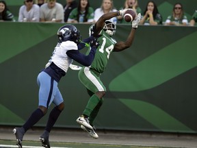 Roughriders receiver Tevin Jones hauls in a 10-yard Ja