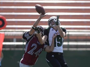 Adrienne Zuck, 24, shown breaking up a pass as a linebacker with the Regina Riot in 2015, is the new defensive backs coach with the PFC's Regina Thunder.