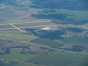 Rhys Paradis, 32, a former member of the Canadian military, pleaded guilty to weapons offences in a Moose Jaw court and received a conditional discharge. This file photo shows an aerial view of the 15 Wing Canadian Armed Forces base near Moose Jaw, where Paradis was residing when he was charged.