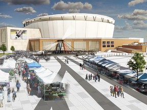 A rendering depicts what a new multi-use sports facility might look like on the site of the rail yards south of Dewdney Avenue in Regina, Saskatchewan. Photo submitted for use by the Leader-Post by the Regina Exhibition Association Limited.