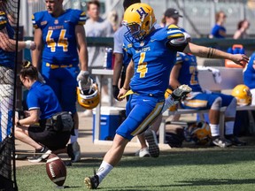SASKATOON, SK--AUGUST 14/2022 - 0814 Sports Hilltops - Hilltops placekicker Connor Green (4) warms up before taking the field against the Winnipeg Rifles. The Saskatoon Hilltops defeated the Winnipeg Rifles 19-10 in Saskatoon, SK on Sunday, August 14, 2022.