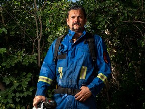Brady Highway, wildfire response specialist with the Indigenous Leadership Initiative, stands for a photograph near Langham, Sask. on Friday, July 22, 2022.