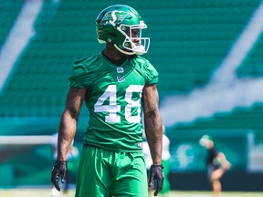 Saskatchewan Roughriders linebacker Gary Johnson Jr., shown in this file photo, has been placed on the CFL team's suspended list for violating its code of conduct.