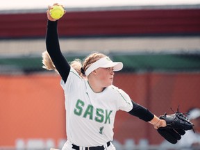 Jorde Chartrand of Weyburn throws a pitch for Saskatchewan's female softball team Monday at the Canada Summer Games.