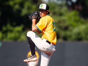 Jonah Kuntz of Regina throws a pitch for Saskatchewan against B.C. at the Canada Summer Games on Wednesday in Welland, Ont.