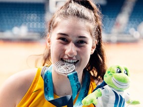Sarah Valley of Regina is shown with her silver medal after the female basketball final at the Canada Summer Games on Saturday in St. Catharines, Ont.