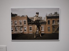 A photograph titled Greg on the Roof, part of The Drag Explosion exhibit at the Art Gallery of Regina.