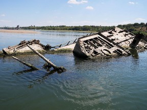 Wreckage of a World War Two German warship is seen in the Danube in Prahovo, Serbia Aug. 18, 2022.