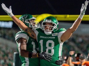 Saskatchewan Roughriders receiver Justin McInnis, 18, shown celebrating a touchdown catch Friday against the visiting B.C. Lions, isn't expected to play in this weekend's rematch due to injury.